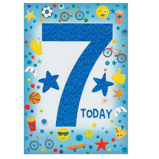 Front of this 7th birthday card features the text 'HAPPY BIRTHDAY!' with illustrations of bikes, game controllers, hands and sports items.