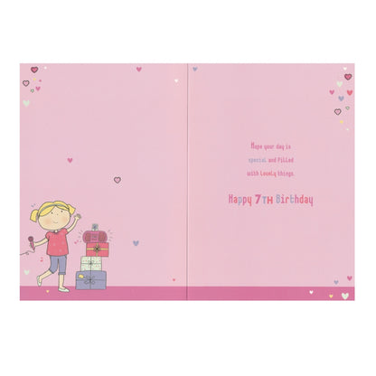 Front of this 7th birthday card features an illustration of a girl with a pink boombox, paired with a message.