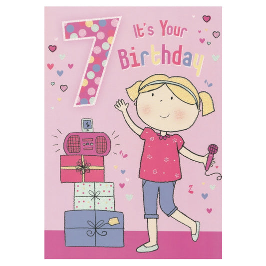 Front of this 7th birthday card features an illustration of a girl with a pink boombox, paired with a message