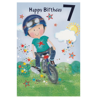 Front of this 7th birthday card features an illustration of a boy on a bicycle wearing a blue helmet, paired with a message.