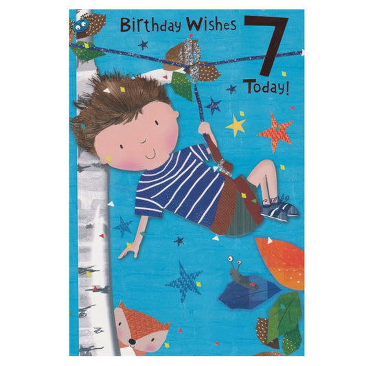 Front of this 7th birthday card features an illustration of a boy on a zip line, paired with a message.