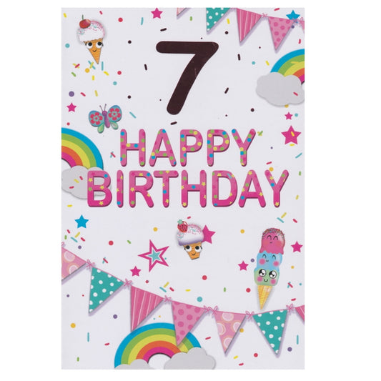 Front of this 7th birthday card features an illustration of bunting with ice-creams and rainbows, paired with a message.