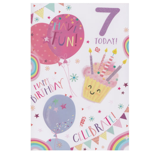 Front of this 7th birthday card features an illustration of a cupcake with candles and balloons, paired with a message