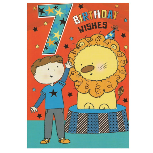 Front of this 7th birthday card features an illustration of a boy with a lion, paired with a message.