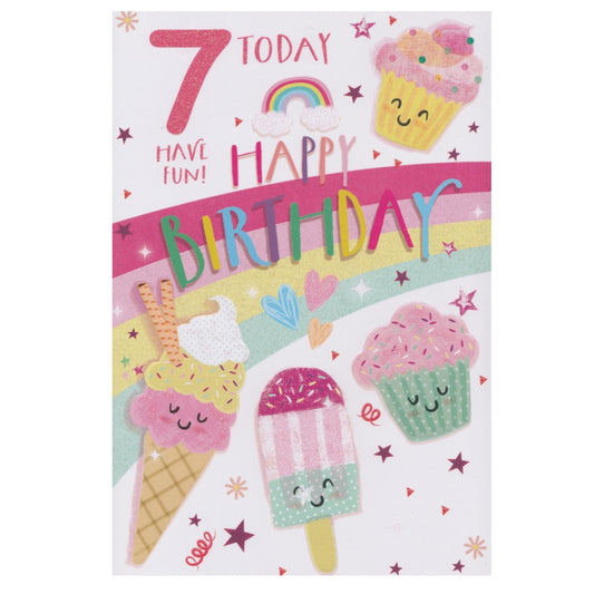 Front of this 7th birthday card features an illustration of cupcakes and ice-creams, paired with a message.