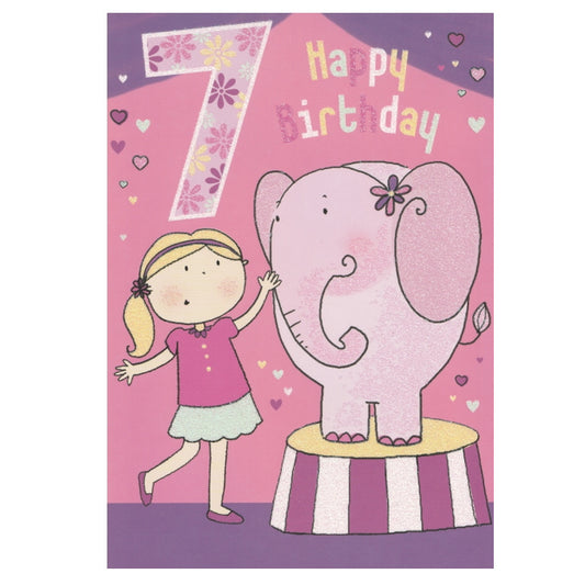 Front of this 7th birthday card features an illustration of a girl with a pink elephant, paired with a message.