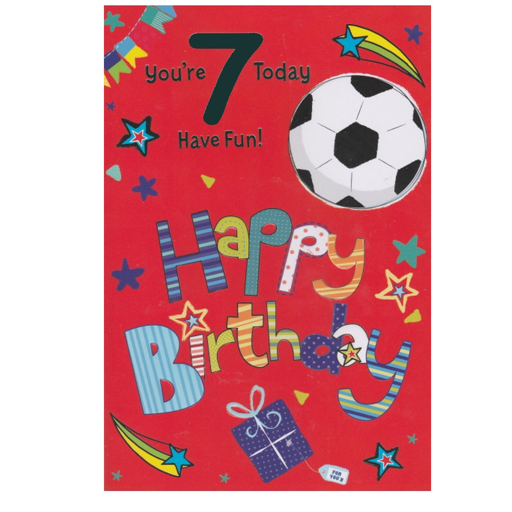 Front of this 7th birthday card features an illustration of a football and a present, on a red background, paired with a message.