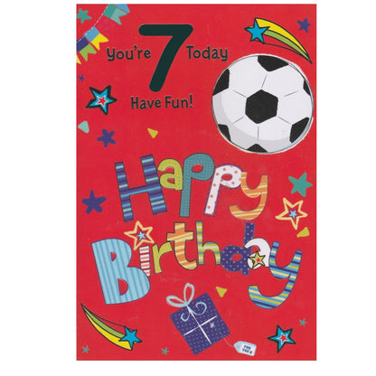 Front of this 7th birthday card features an illustration of a football and a present, on a red background, paired with a message.