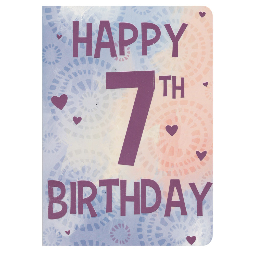 Front of this 7th birthday card features the text 'Happy 7th Birthday', surrounded by hearts.