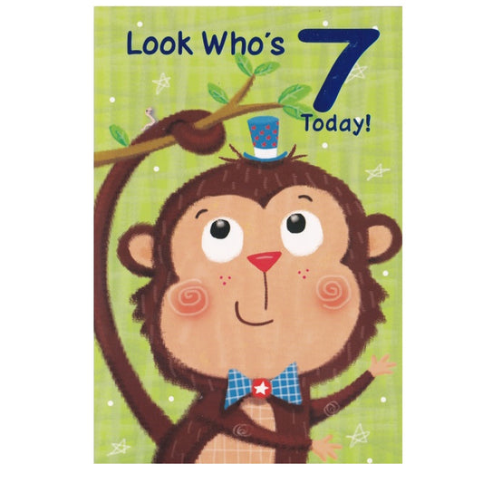 Front of this 7th birthday card features an illustration of a monkey wearing a spotted top hat, paired with a message.
