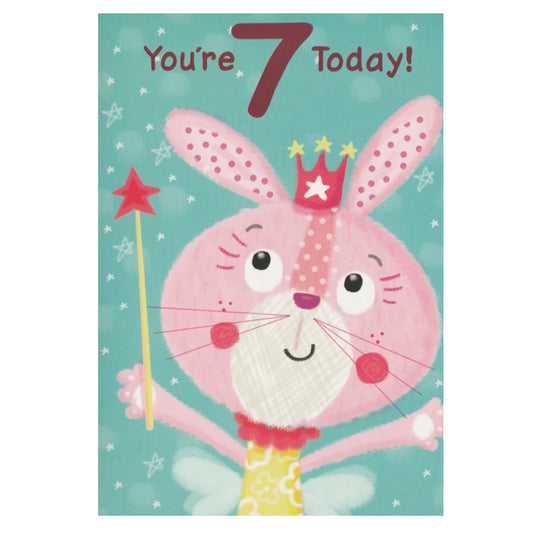 Front of this 7th birthday card features an illustration of a pink rabbit wearing a crown, paired with a message.