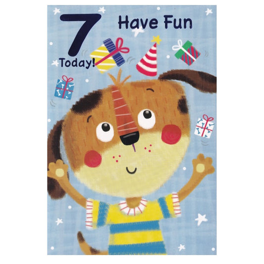 Front of this 7th birthday card features an illustration of a dog in a stripy t-shirt, paired with a message.