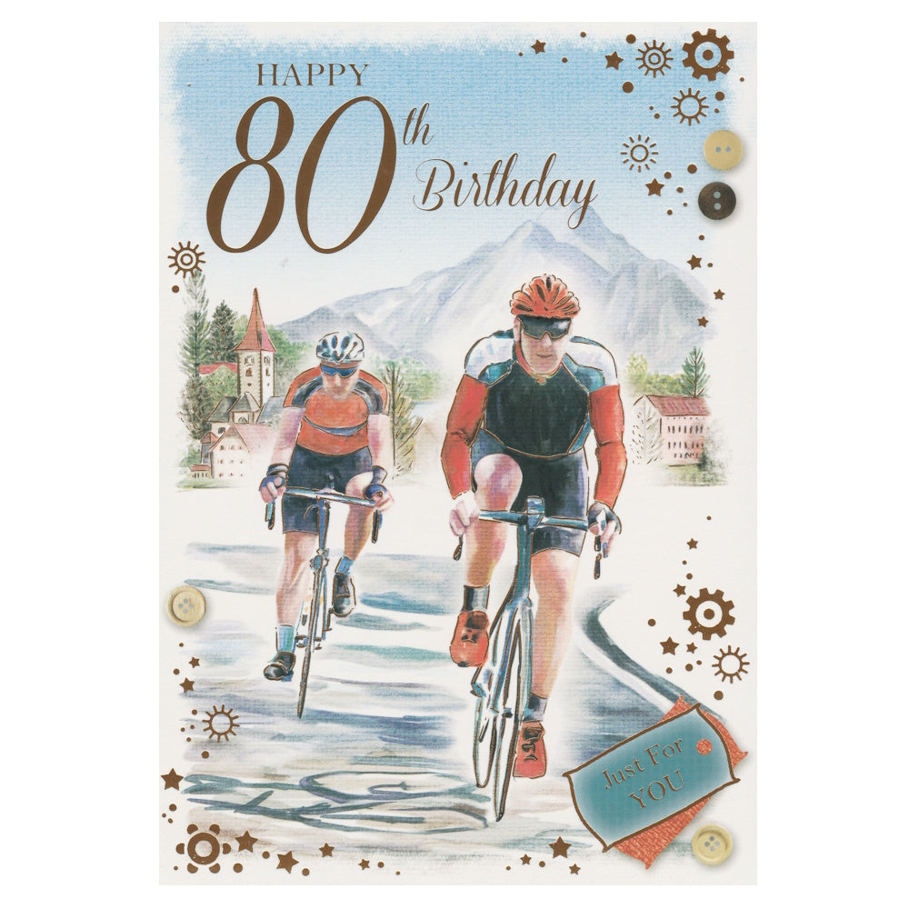 Front of this 80th birthday card features an illustration of two cyclists, paired with a message.