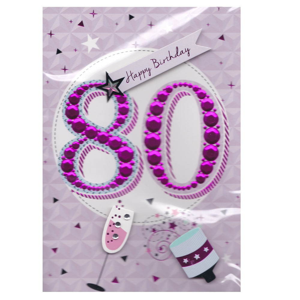 Front of this 80th birthday card features a purple diamante 80, paired with a message.
