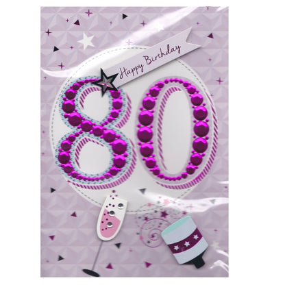 Front of this 80th birthday card features a purple diamante 80, paired with a message.