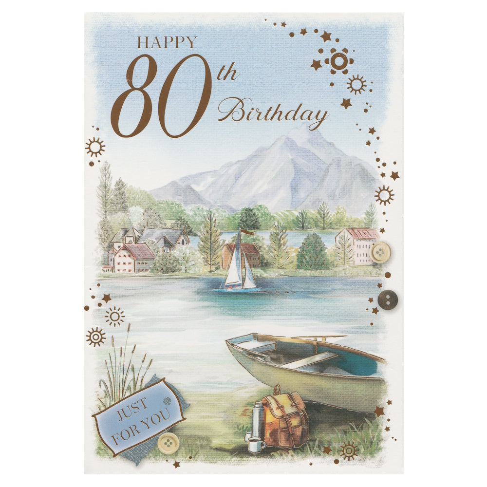 Front of this 80th birthday card features an illustration of a boat scene, paired with a message.