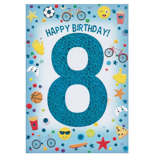 Front of this 8th birthday card features the text 'HAPPY BIRTHDAY!' with illustrations of bikes, game controllers, hands and sports items.