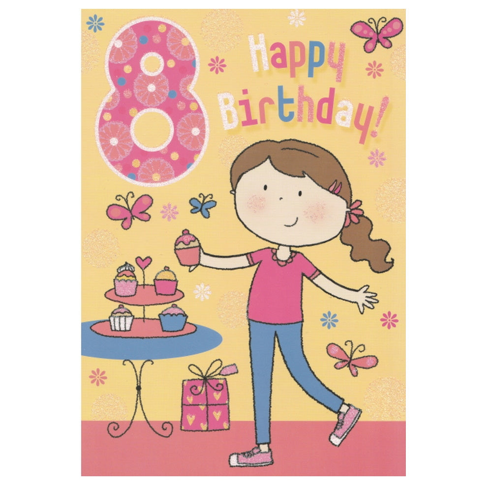 Front of this 8th birthday card features an illustration of a girl with cupcakes, paired with a message.