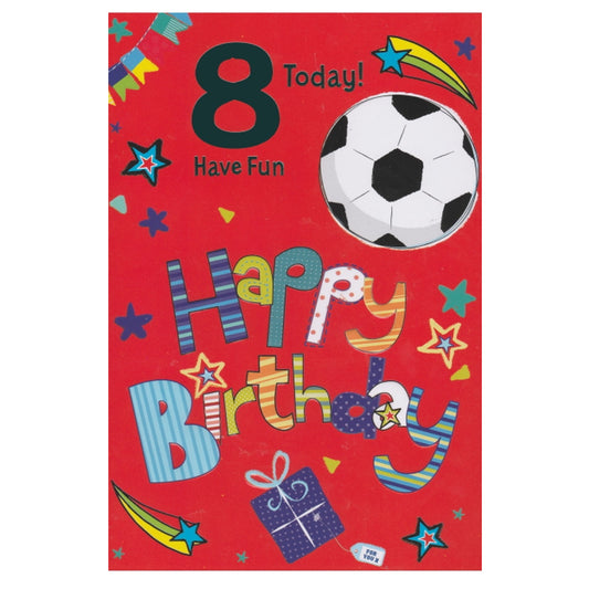 Front of this 8th birthday card features an illustration of a football and a present, on a red background with shooting stars, paired with a message.