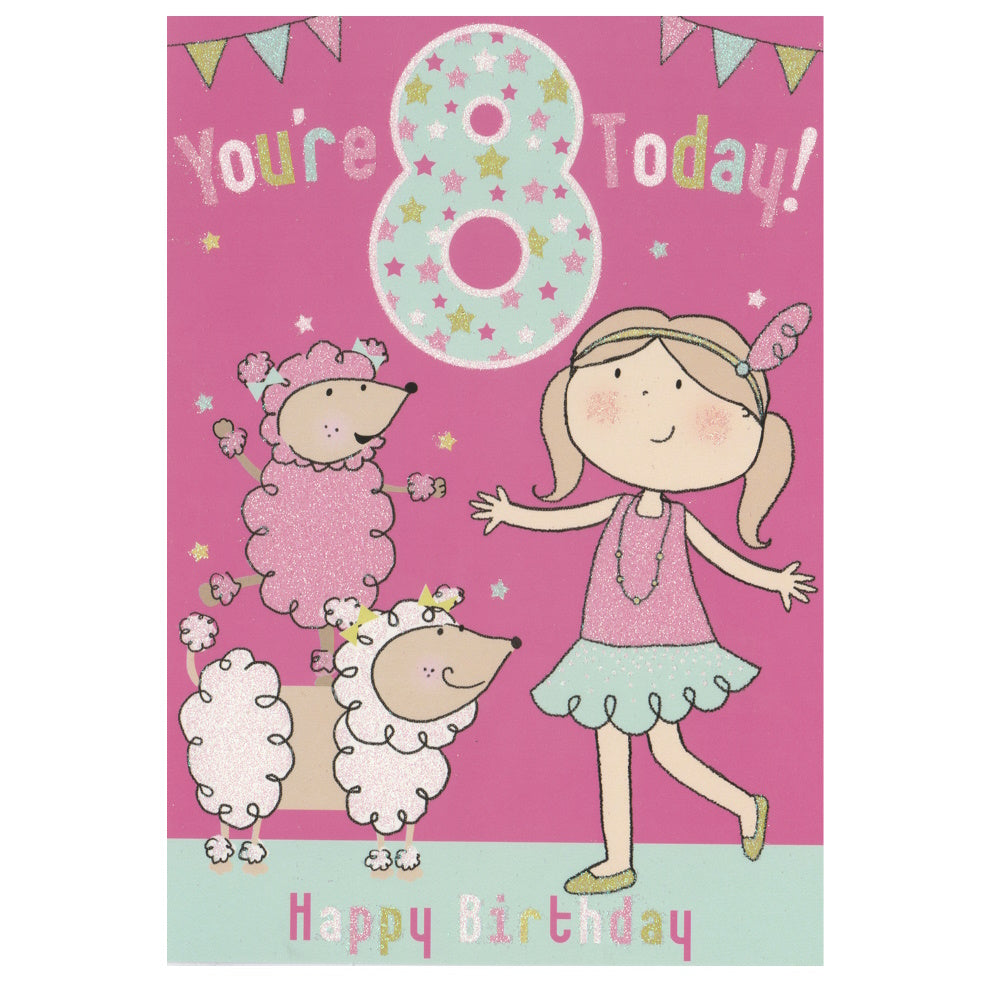 Front of this 8th birthday card features an illustration of a girl with two poodles, paired with a message.