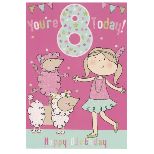 Front of this 8th birthday card features an illustration of a girl with two poodles, paired with a message.