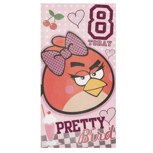 Front of this 8th birthday card features an illustration of a bird wearing a pink spotted bow, paired with a message.