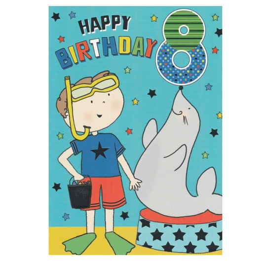 Front of this 8th birthday card features an illustration of a boy with a sea lion, paired with a message.