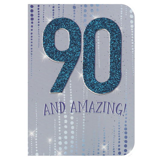 Front of this 90 birthday card features the text '90 AND AMAZING!' on a grey patterned background.