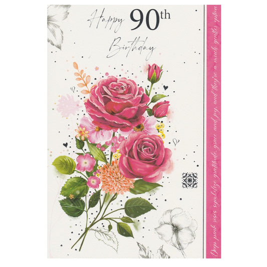 Front of this 90th birthday card features an illustration of pink roses, with the text 'Happy 90th Birthday'.