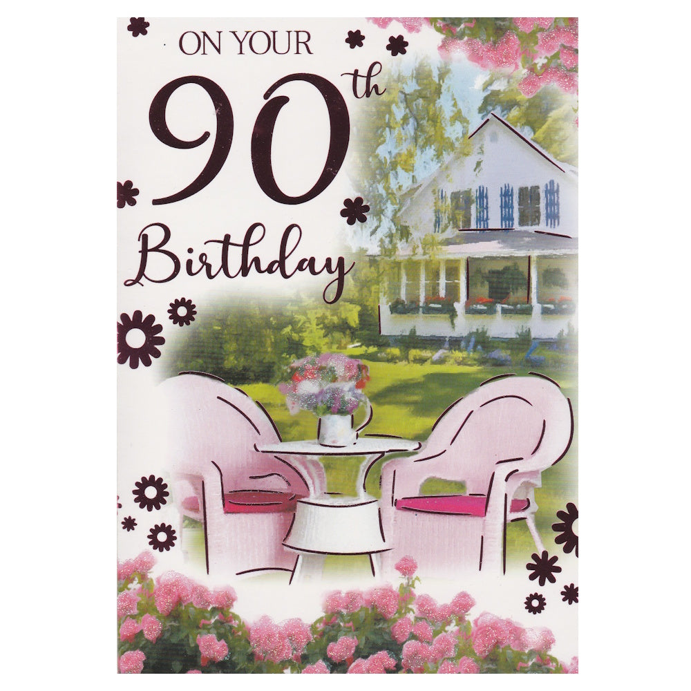 Front of this 90th birthday card features an illustration of a garden scene, table, and chairs, with the text 'ON YOUR 90th Birthday'.