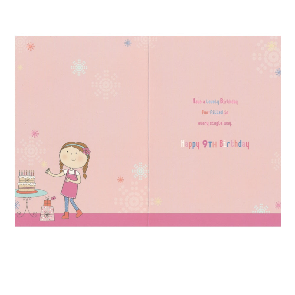 Front of this 9th birthday card features an illustration of a girl with balloons and a Birthday cake topped with candles, paired with a message.