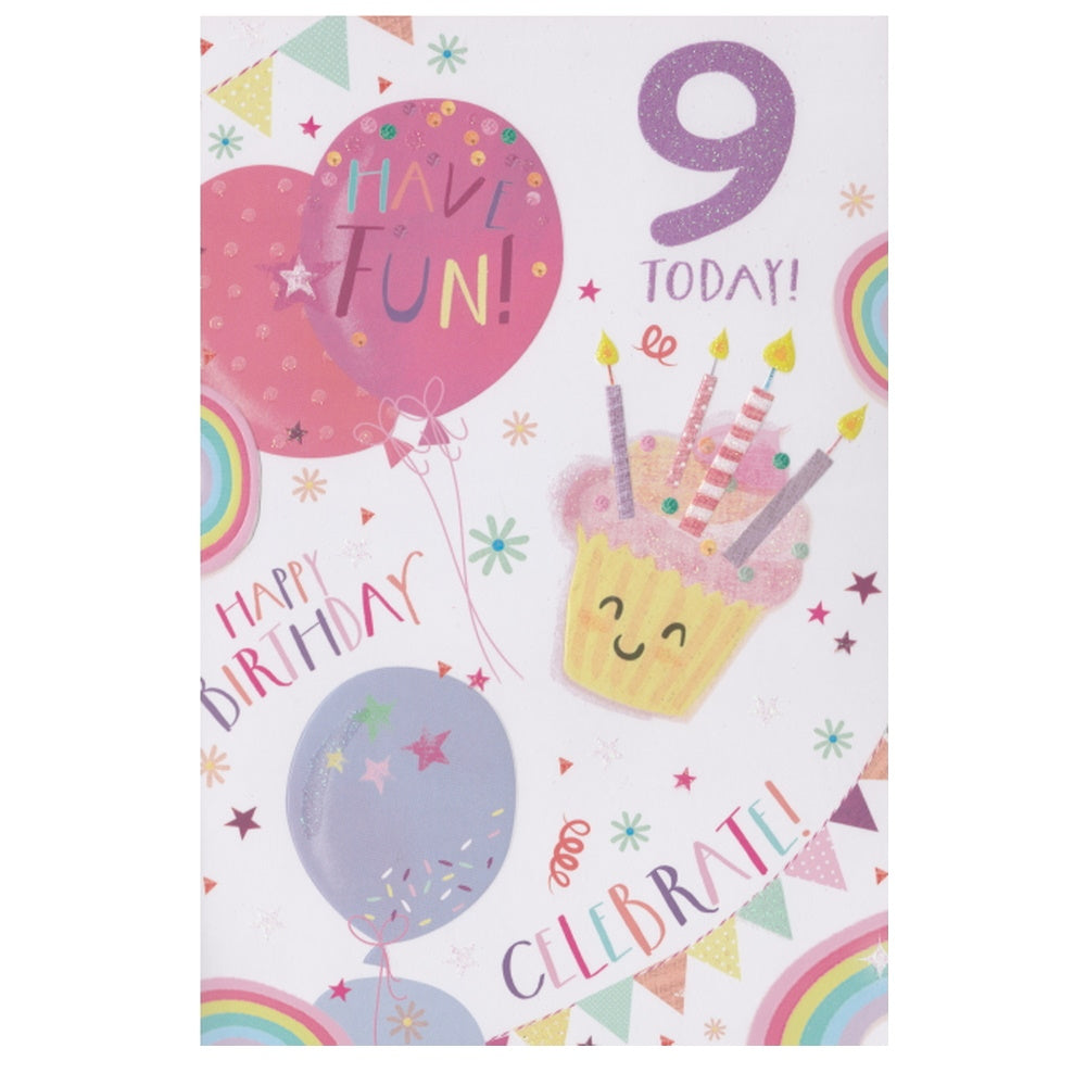Front of this 9th birthday card features an illustration of a cupcake and balloons, paired with a message