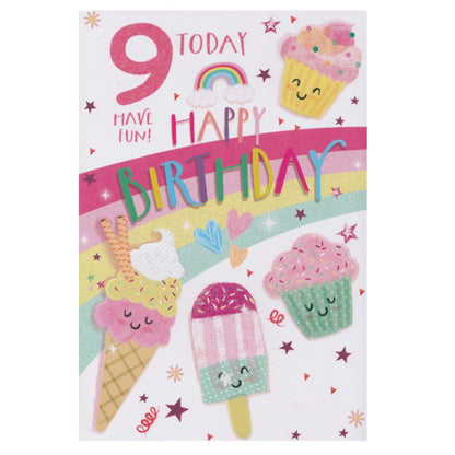 Front of this 9th birthday card features an illustration of ice-creams and cupcakes, paired with a message.