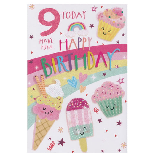Front of this 9th birthday card features an illustration of ice-creams and cupcakes, paired with a message.