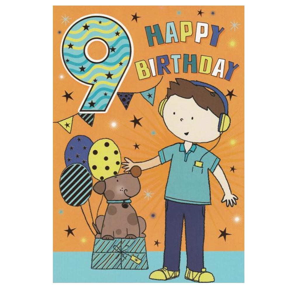 Front of this 9th birthday card features an illustration of a boy and a dog, paired with a message.