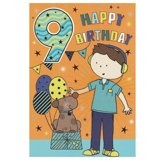 Front of this 9th birthday card features an illustration of a boy and a dog, paired with a message.