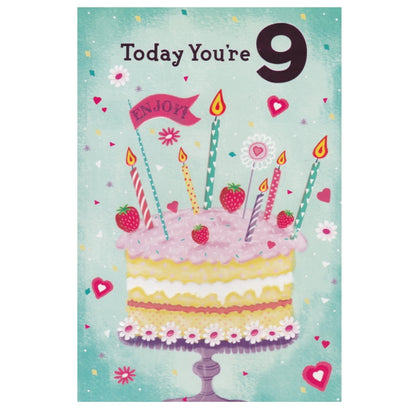 Front of this 9th birthday card features an illustration of a Birthday cake topped with candles, paired with a message.