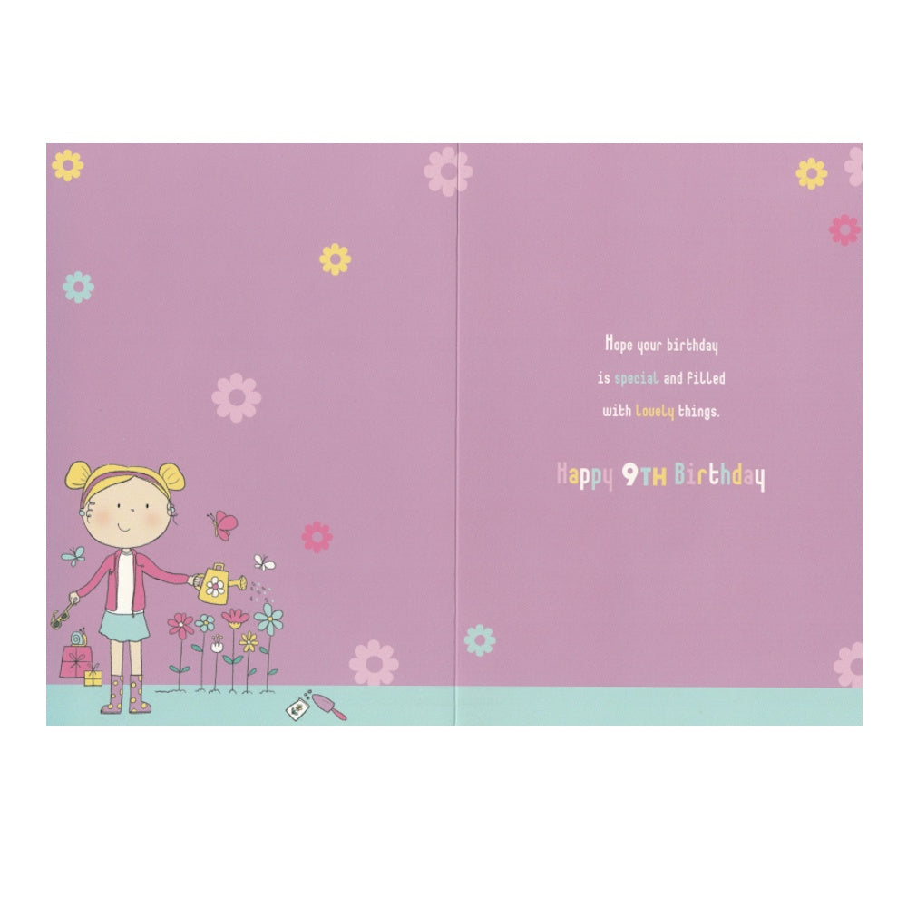 Front of this 9th birthday card features an illustration of a girl watering flowers, paired with a message.