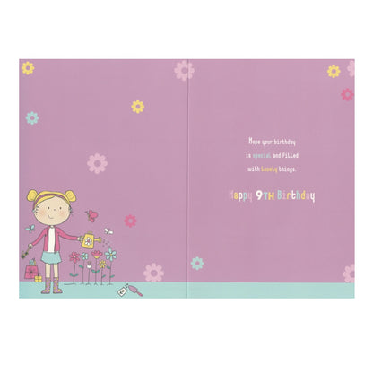 Front of this 9th birthday card features an illustration of a girl watering flowers, paired with a message.