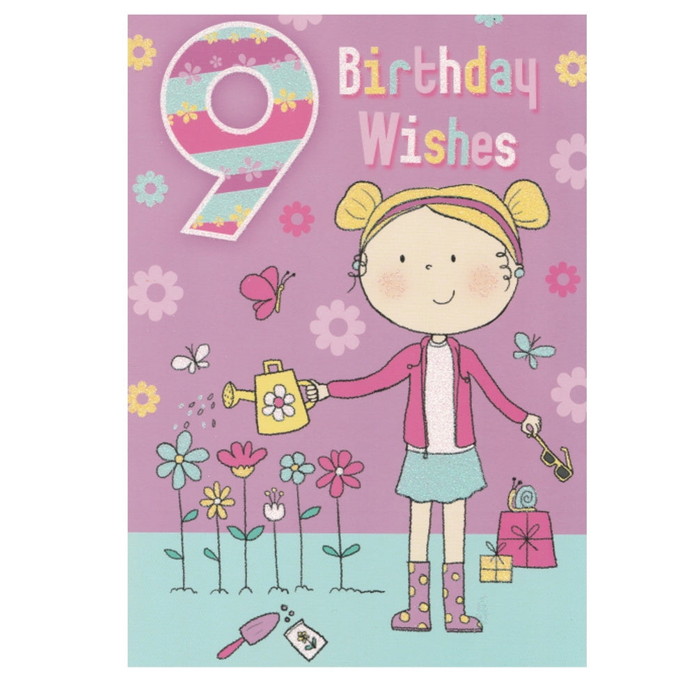 Front of this 9th birthday card features an illustration of a girl watering flowers, paired with a message.