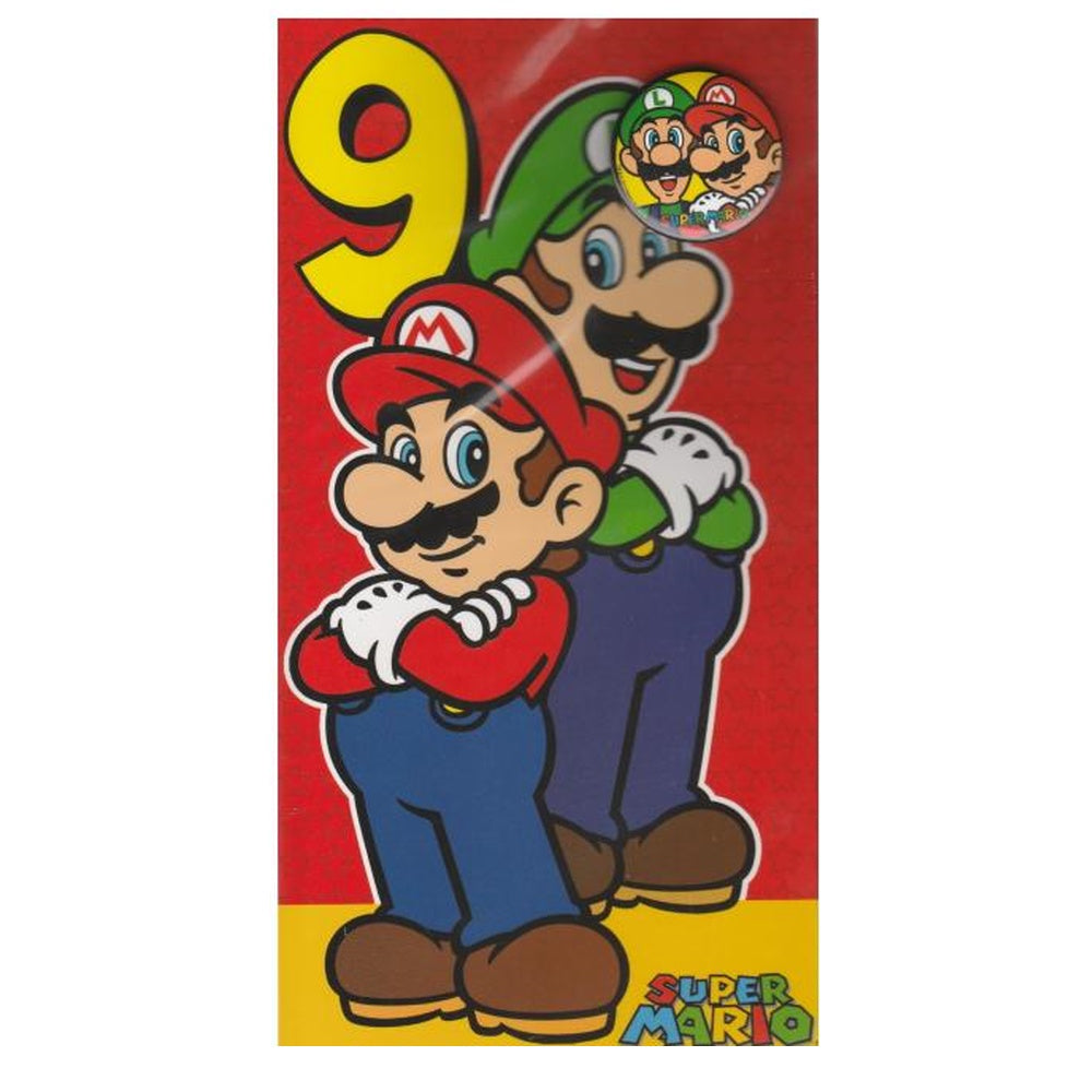 Front of this 9th birthday card features an illustration of Mario and Luigi, paired with a message.