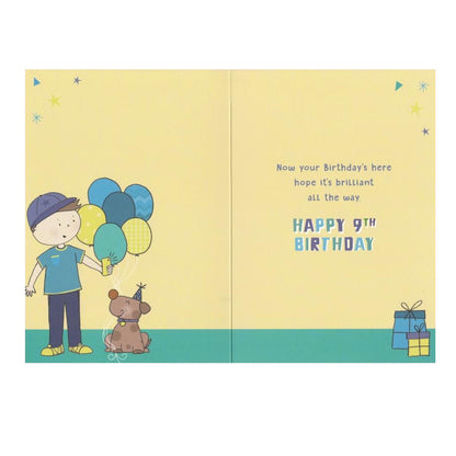 Front of this 9th birthday card features an illustration of a boy with a mobile phone and a dog, paired with a message.