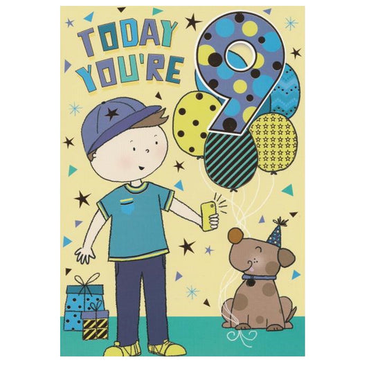Front of this 9th birthday card features an illustration of a boy with a mobile phone and a dog, paired with a message.