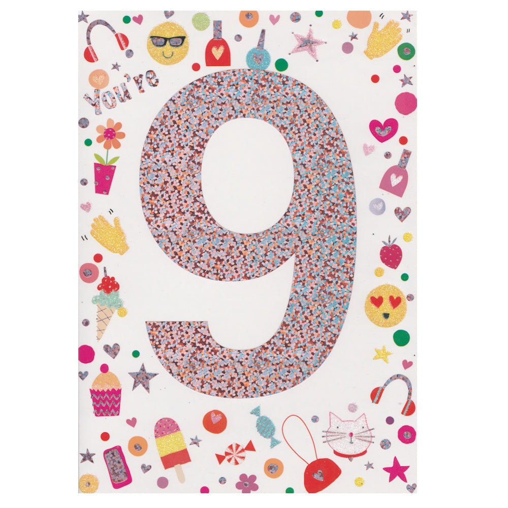 Front of this 9th birthday card features the text 'You're 9' and illustrations of smiling faces with sunglasses, smiling faces with love heart eyes & ice-creams