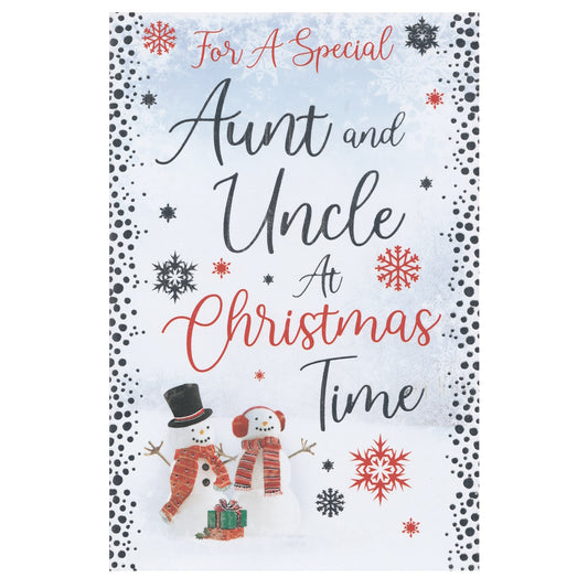 Front of this aunt and uncle Christmas card features an illustration of a snow couple surrounded by red and silver snowflakes, paired with a message.