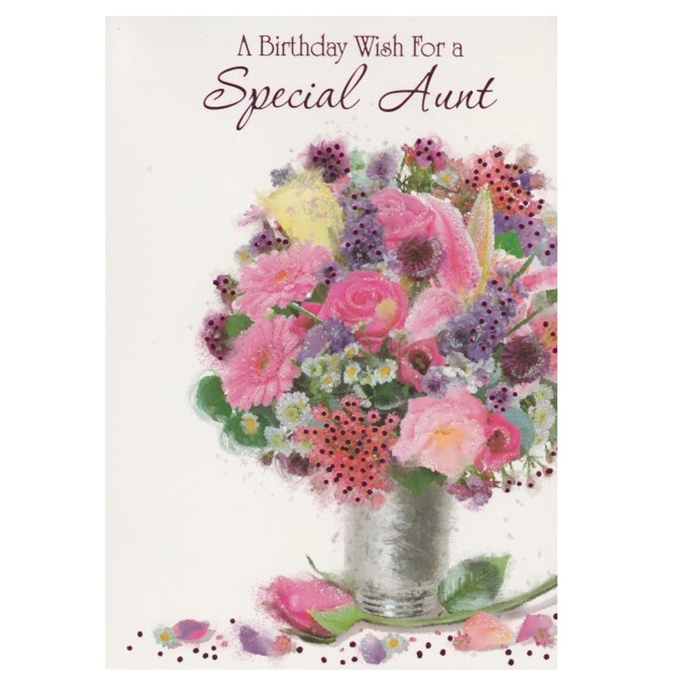 Front of this aunt birthday card features an illustration of a bouquet of colourful flowers in a glass vase, accompanied by a birthday message.