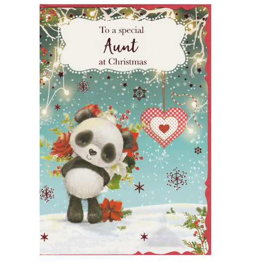 Front of this aunt Christmas card features an illustration of a panda holding a Christmas bouquet, with the text 'To a special Aunt at Christmas'.