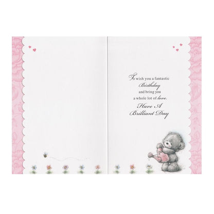 Front of this auntie birthday card features a bear watering a flower, with the text 'To Auntie, Enjoy Yourself! A Birthday Message Especially For You'.as shown in product photo.