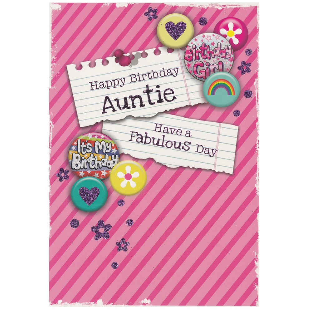 Front of this auntie birthday card features the text 'Happy Birthday Auntie' 'Have a Fabulous Day' on a striped pink background, with badge illustrations.
