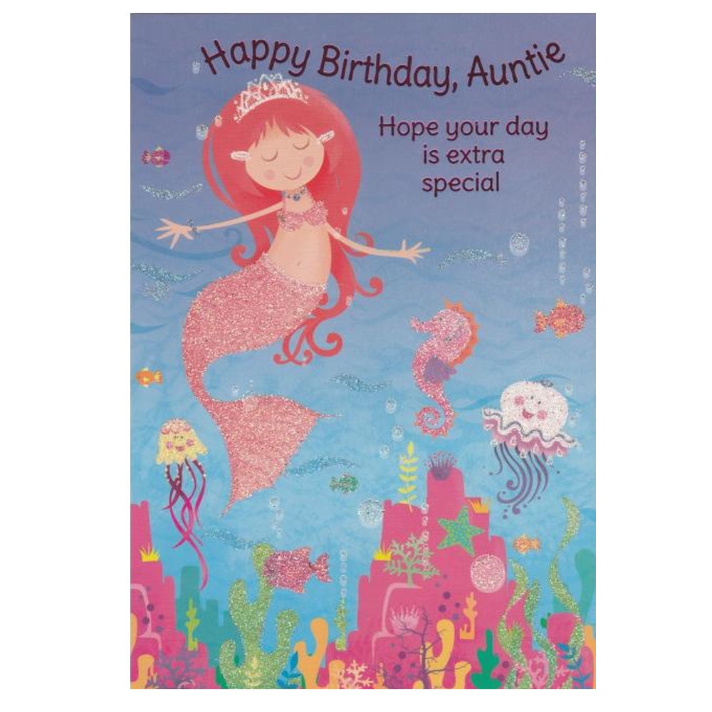 Front of this auntie birthday card features a cartoon illustration of a mermaid with a 'Happy Birthday, Auntie' message, along with various sea creatures on a underwater themed background.